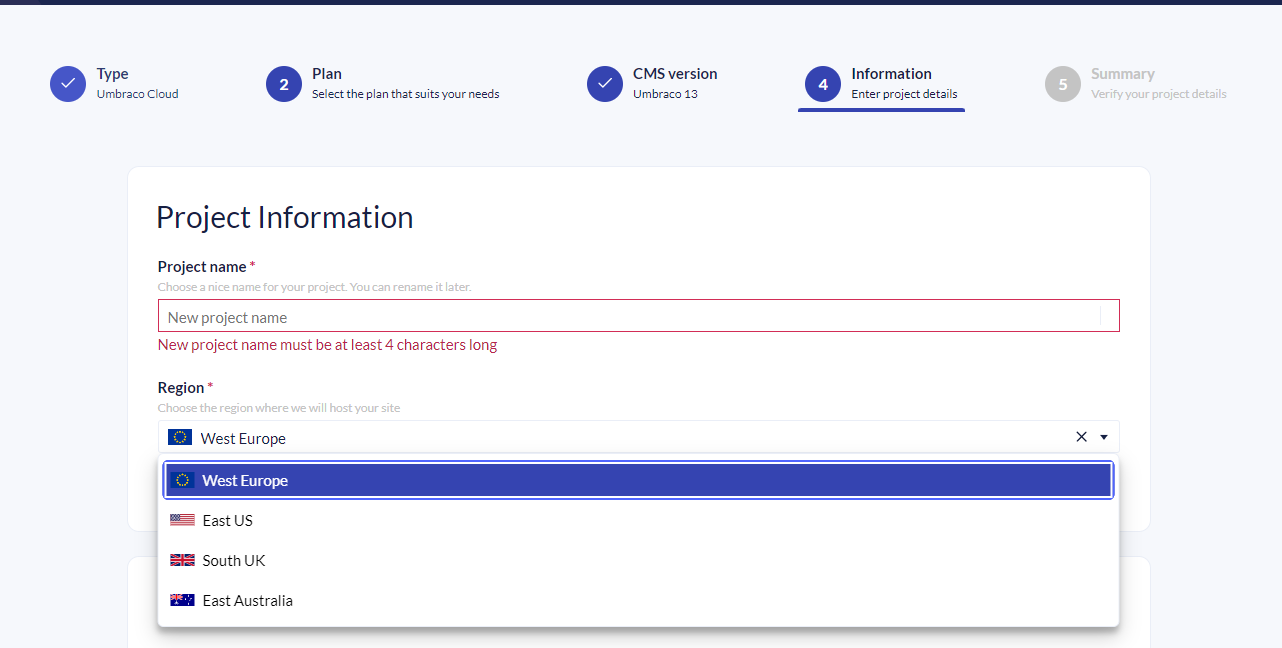 The final step, showing the project details which include the name, region, and some optional information.