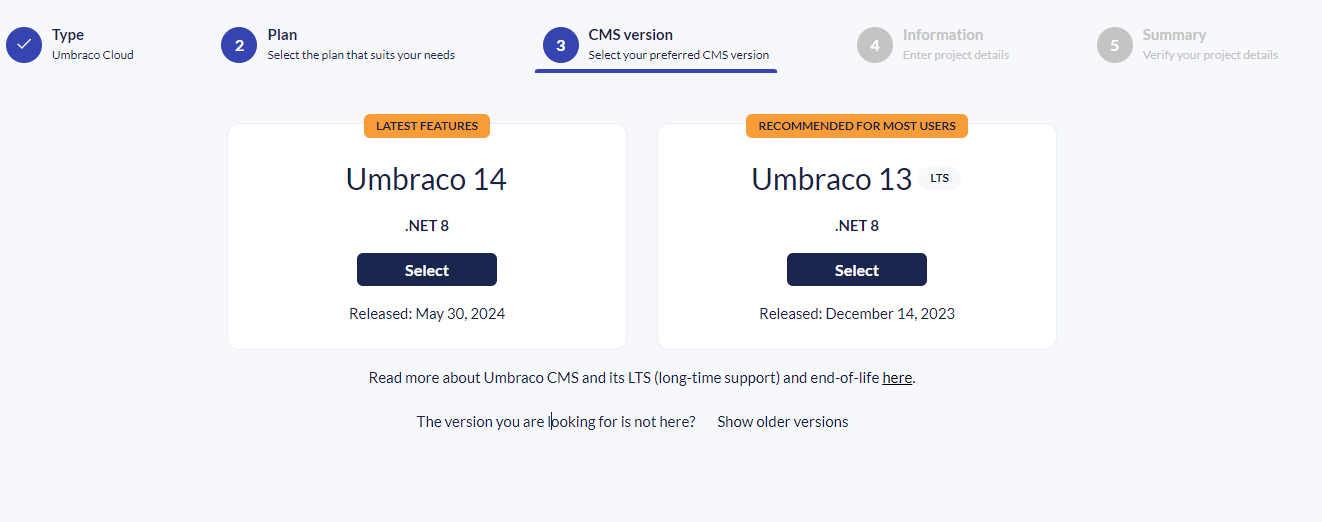 Umbraco version selection showing versions 13 and 14.